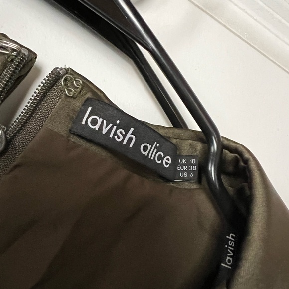 Lavish Alice Corset Mini Dress Feather Trim in Khaki - Picture 8 of 9